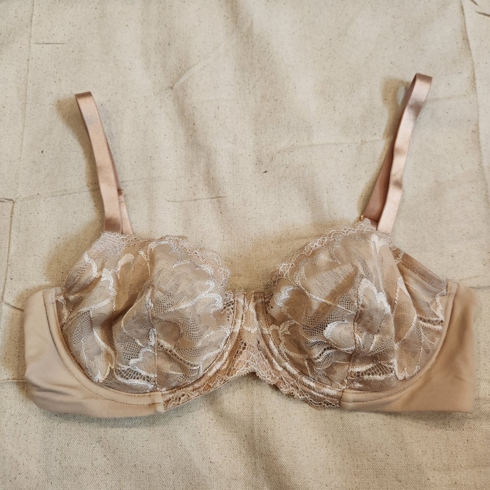 True & Co Gramercy Balconette Underwire Bra Nude Beige Lace 34D Unlined
